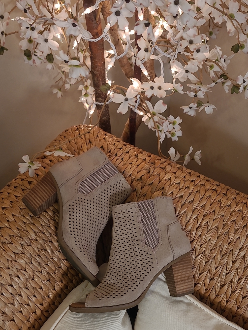 Toms Majorca Desert Taupe Perforated Peep Toe Suede Bootie
